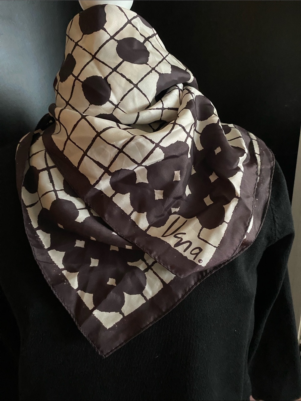 Vera Neumann dark brown and creme geometric silk scarf